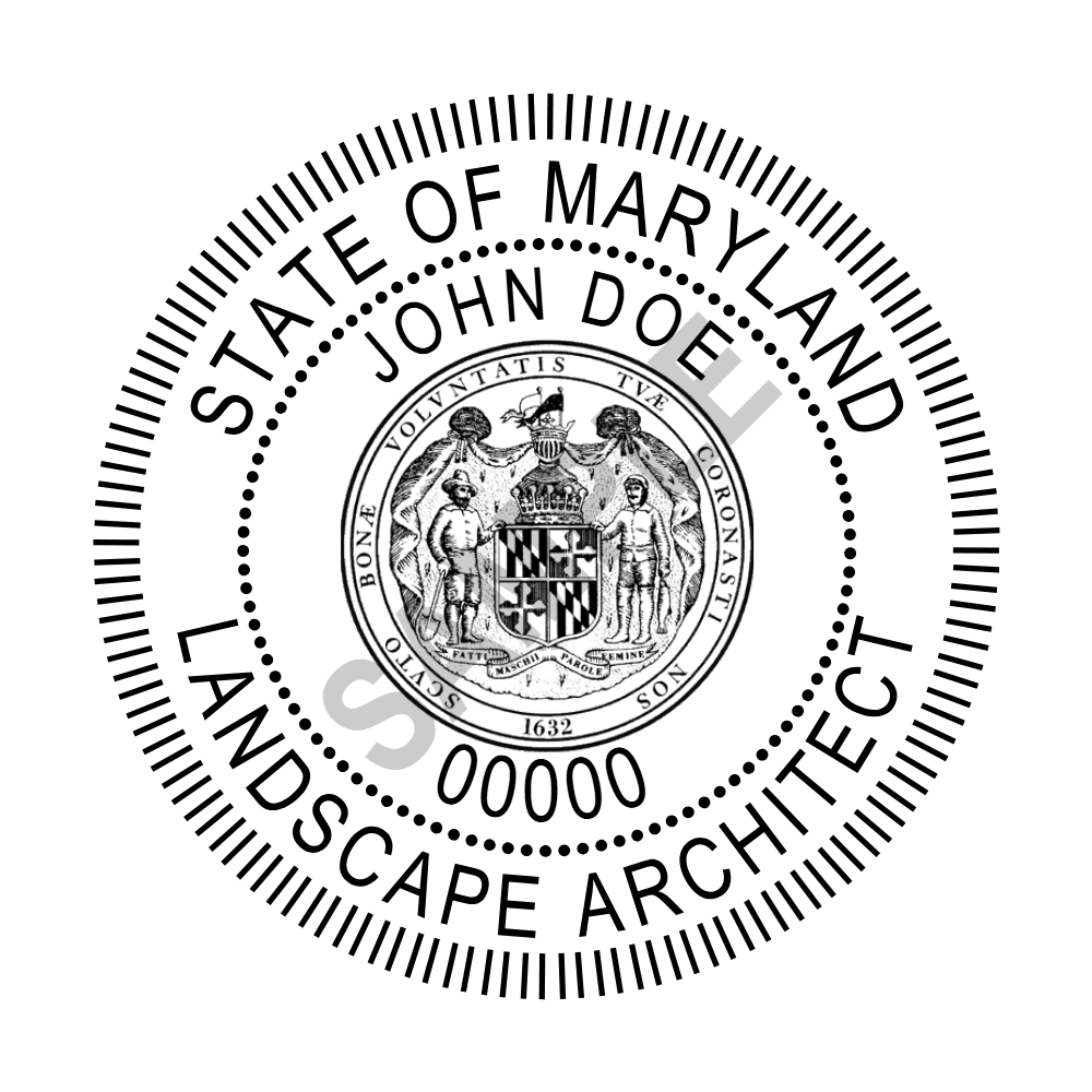 An approved Maryland Landscape Architect seal design, shown as a watermarked example