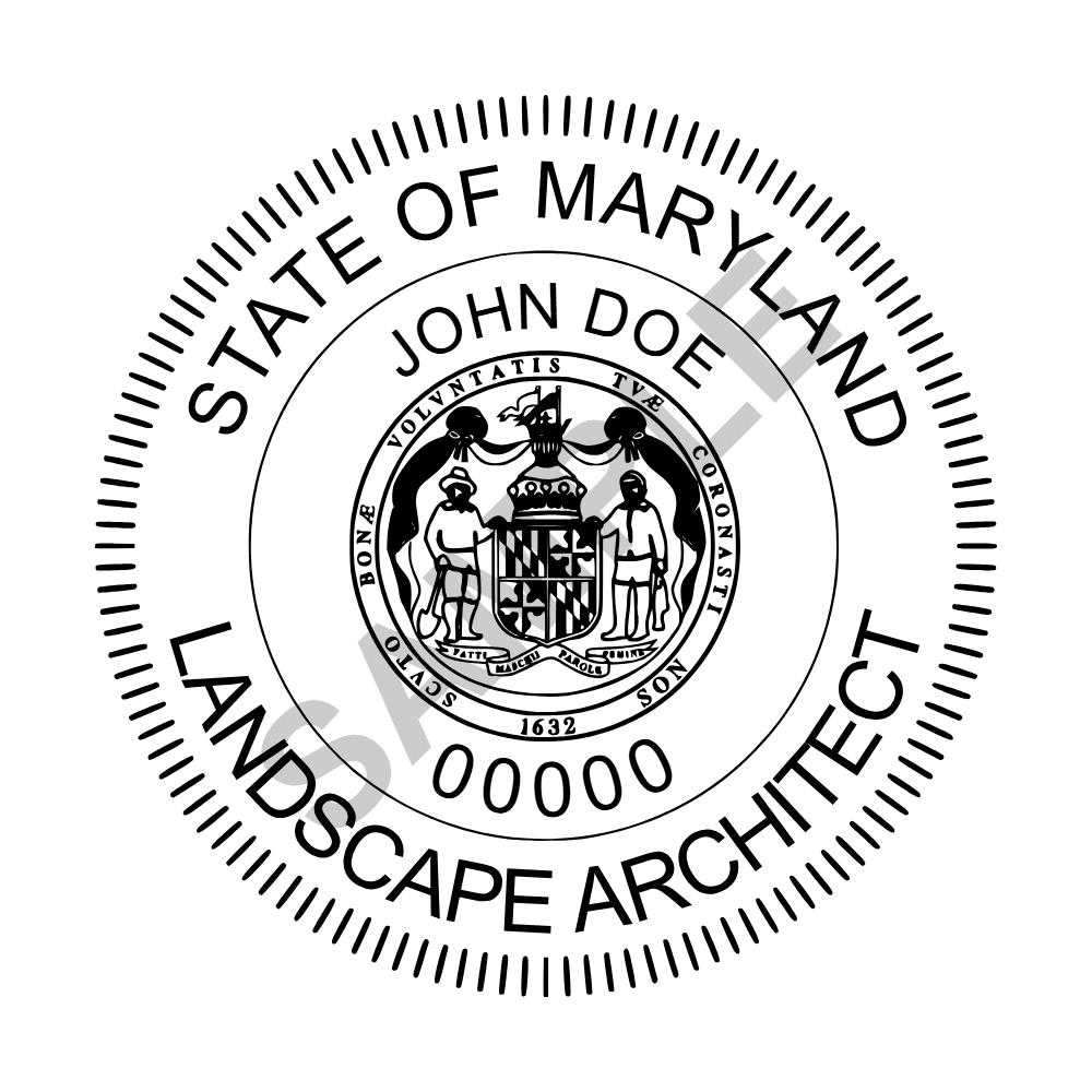 An approved Maryland Landscape Architect seal design, shown as a watermarked example