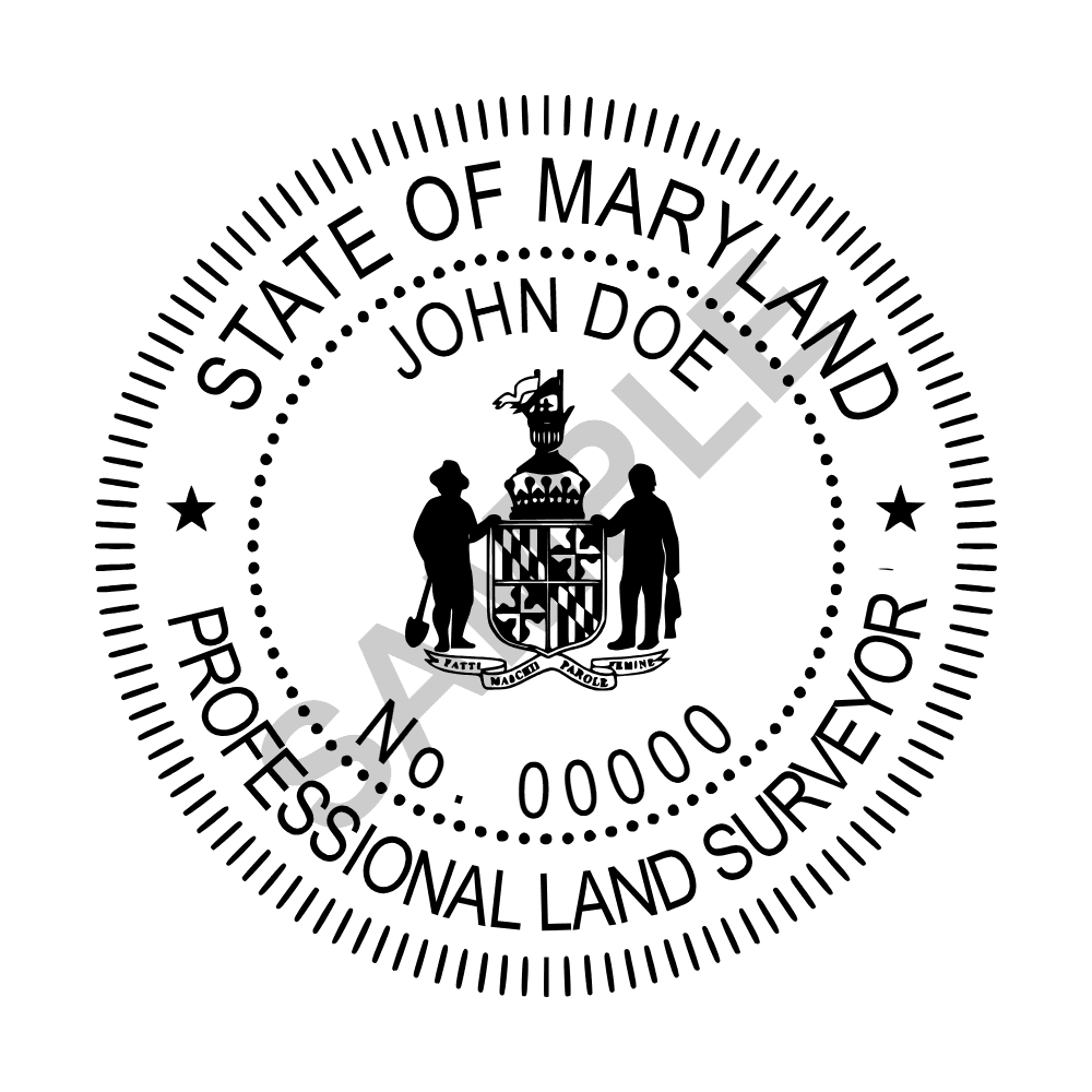 An approved Maryland Land Surveyor seal design, shown as a watermarked example