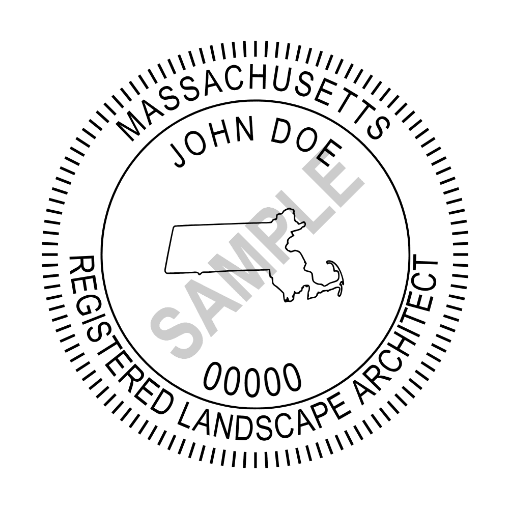 An approved Massachusetts Landscape Architect seal design, shown as a watermarked example