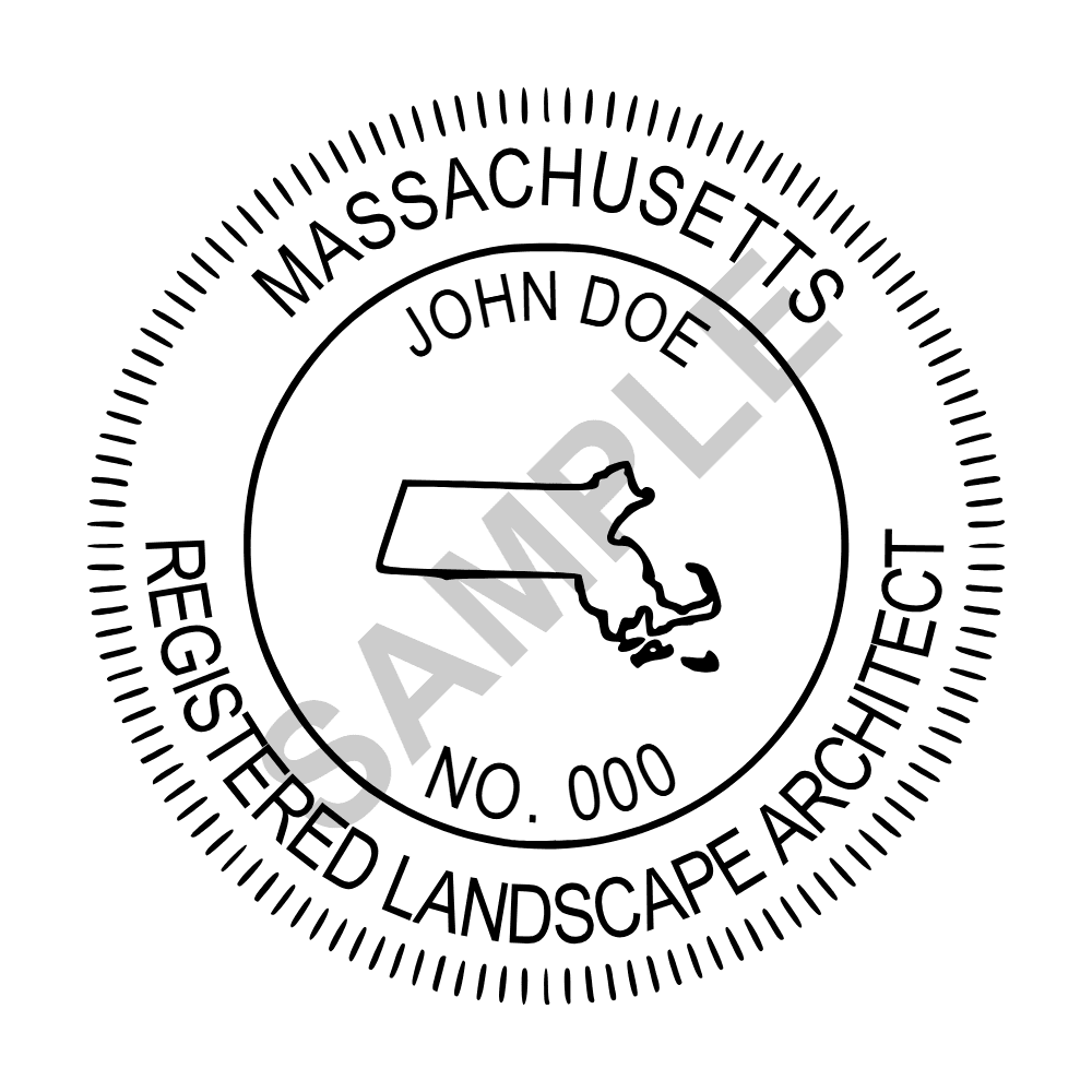 An approved Massachusetts Landscape Architect seal design, shown as a watermarked example