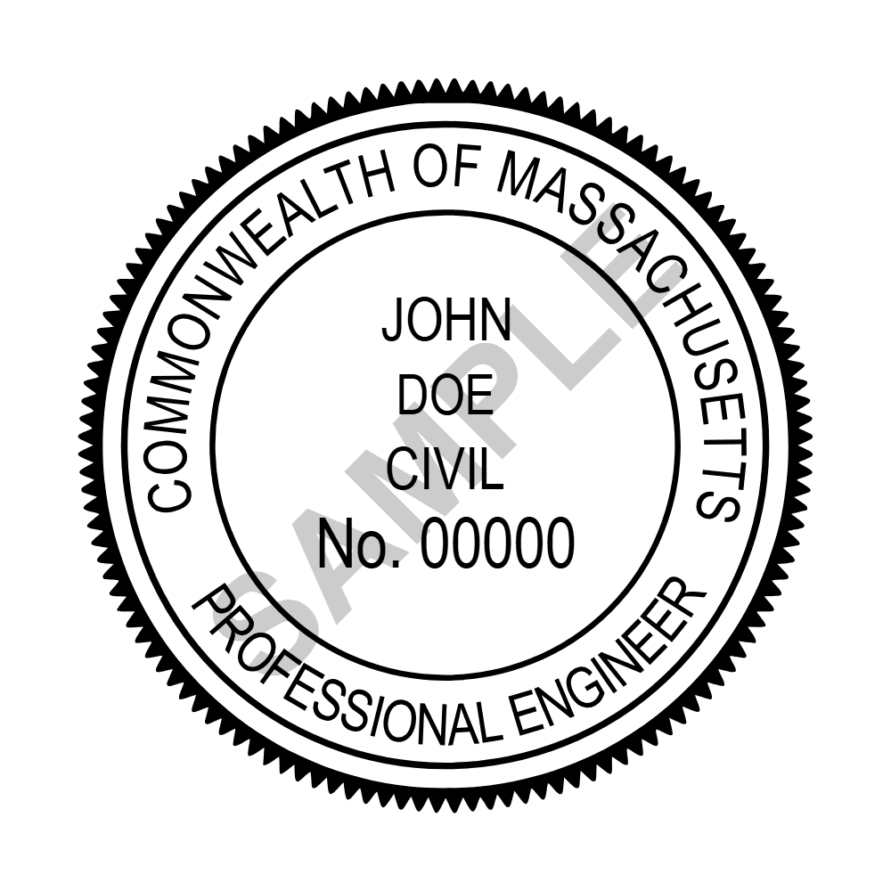 Massachusetts PE seal example — an approved Massachusetts Engineer seal design, shown as a watermarked sample