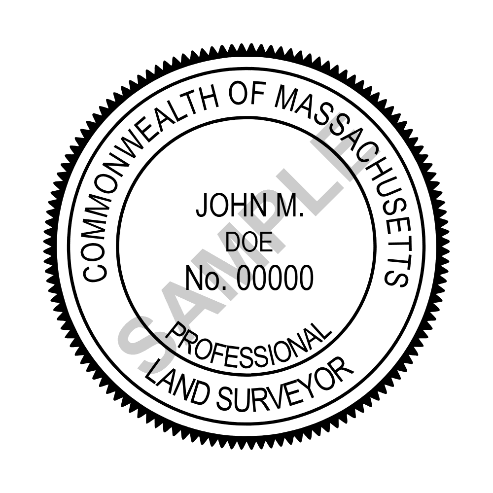 An approved Massachusetts Land Surveyor seal design, shown as a watermarked example
