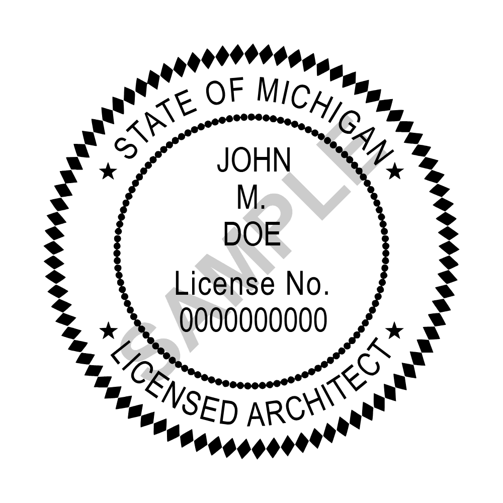 An approved Michigan Architect seal design, shown as a watermarked example