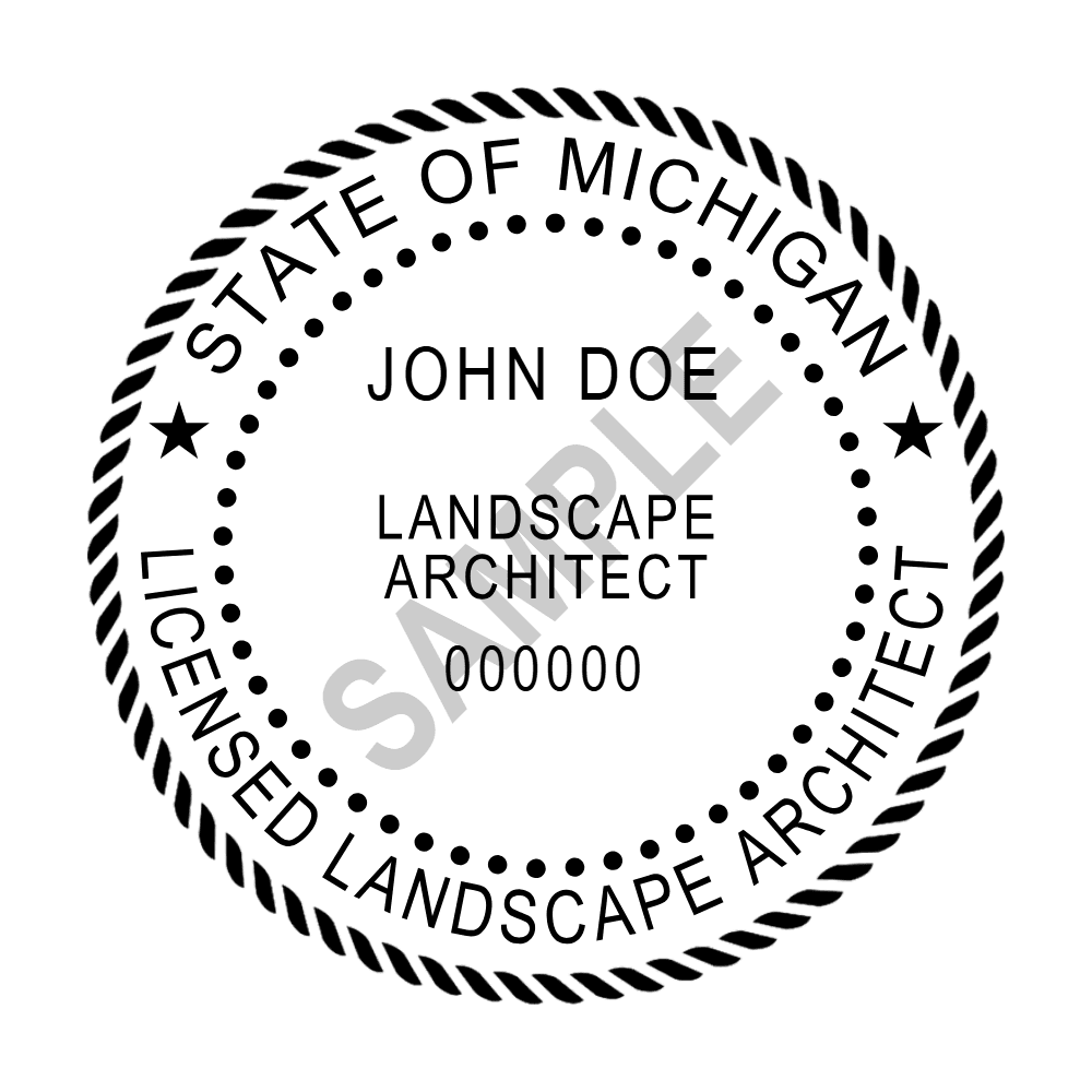 An approved Michigan Landscape Architect seal design, shown as a watermarked example