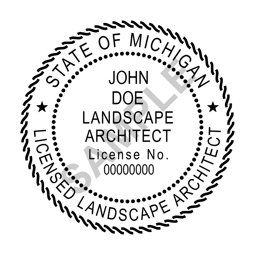 An approved Michigan Landscape Architect seal design, shown as a watermarked example