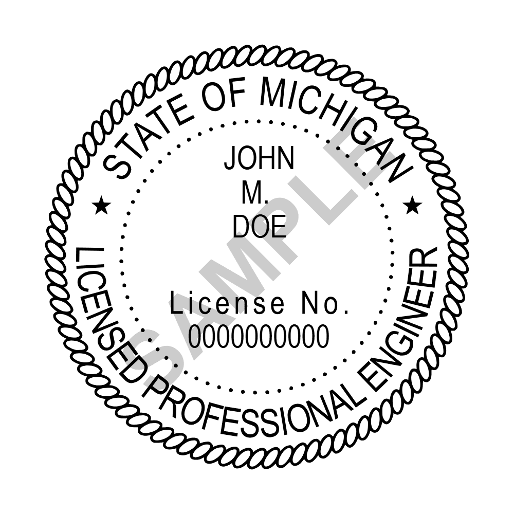Michigan PE seal example — an approved Michigan Engineer seal design, shown as a watermarked sample