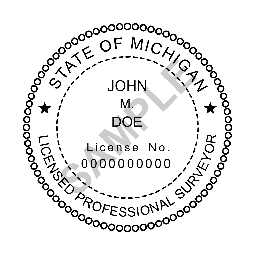 An approved Michigan Land Surveyor seal design, shown as a watermarked example