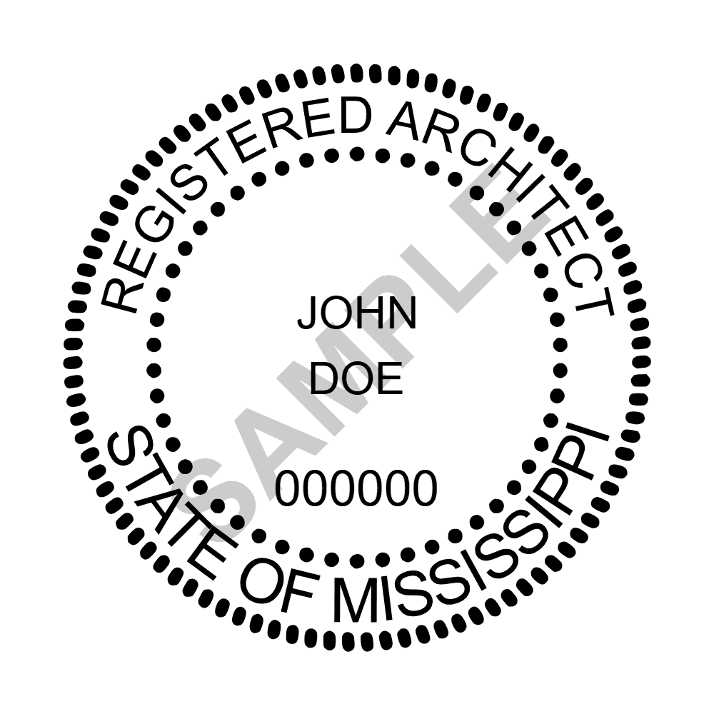 An approved Mississippi Architect seal design, shown as a watermarked example