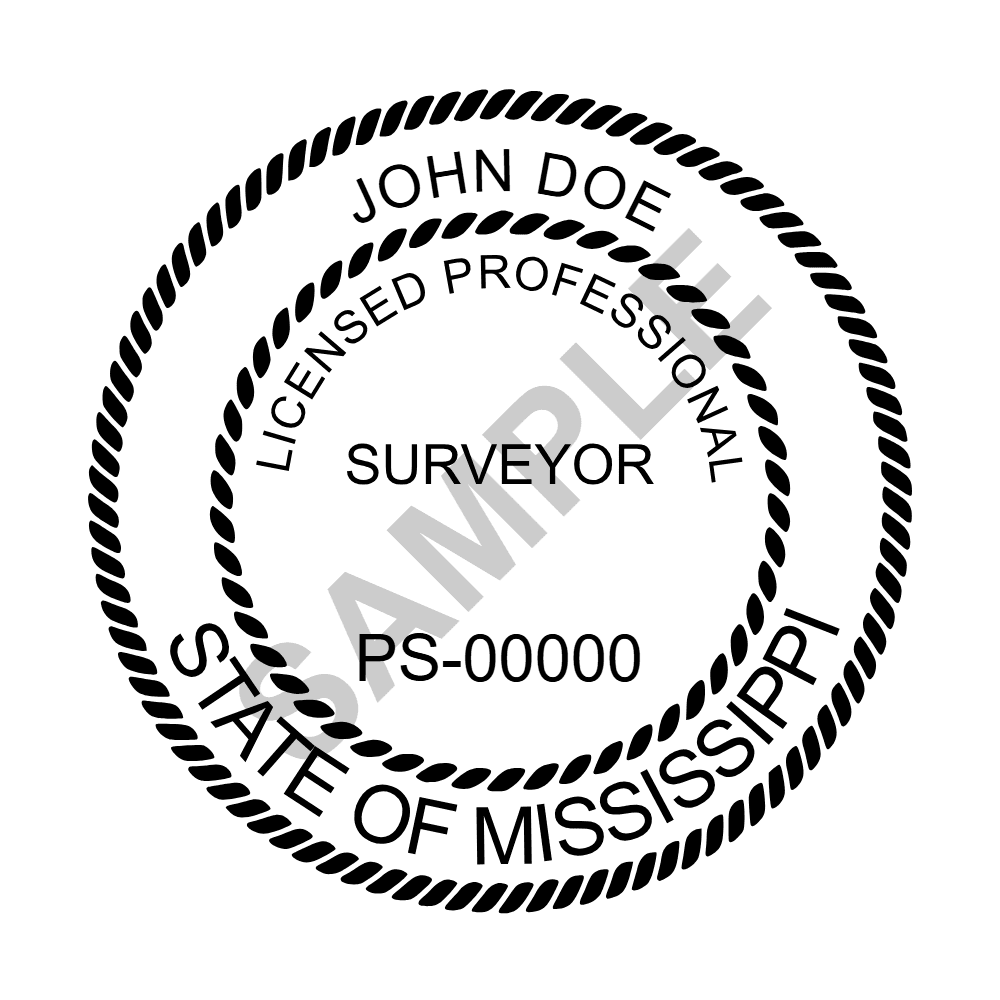 An approved Mississippi Land Surveyor seal design, shown as a watermarked example