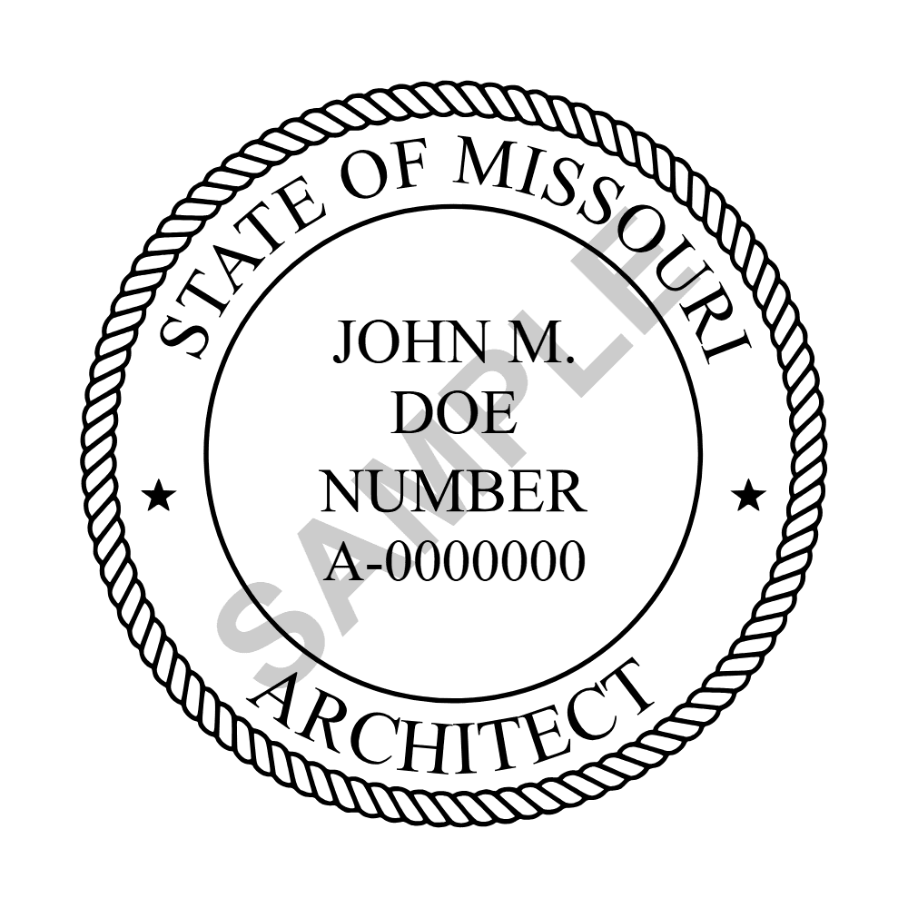 An approved Missouri Architect seal design, shown as a watermarked example