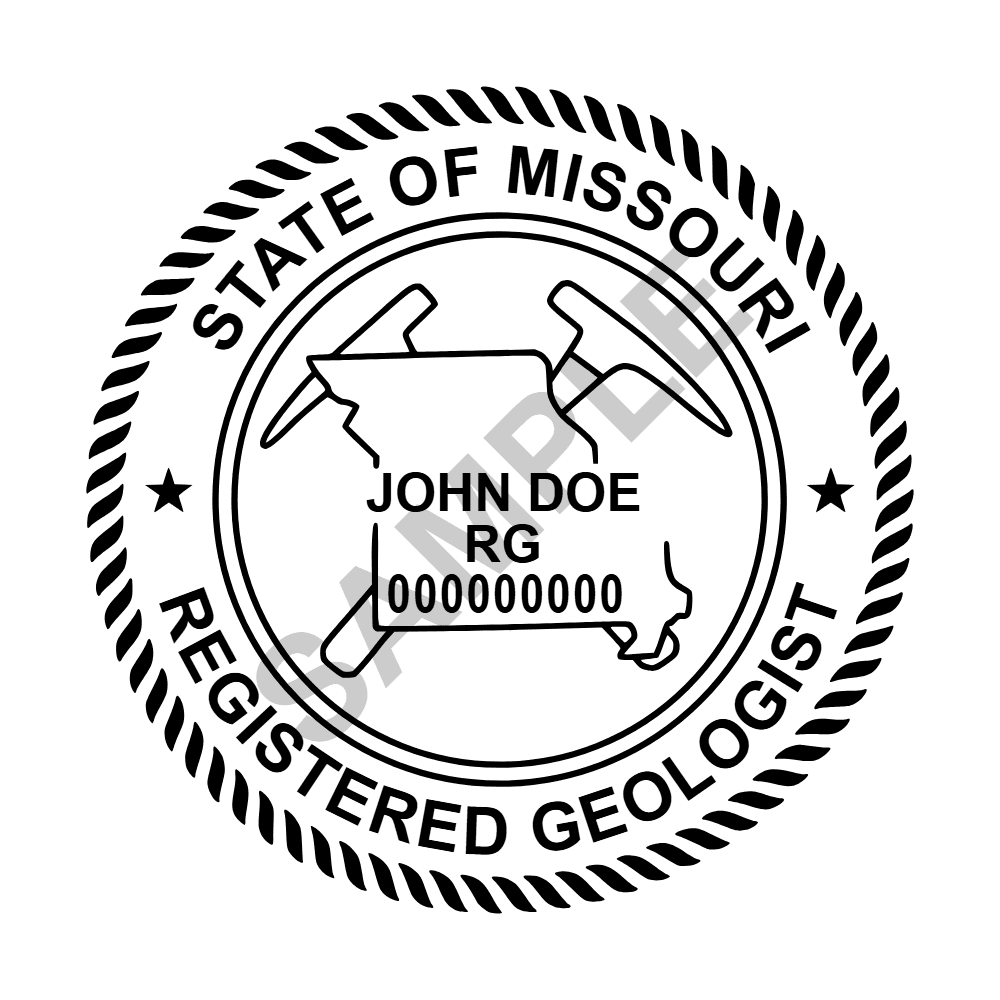 An approved Missouri Geologist seal design, shown as a watermarked example