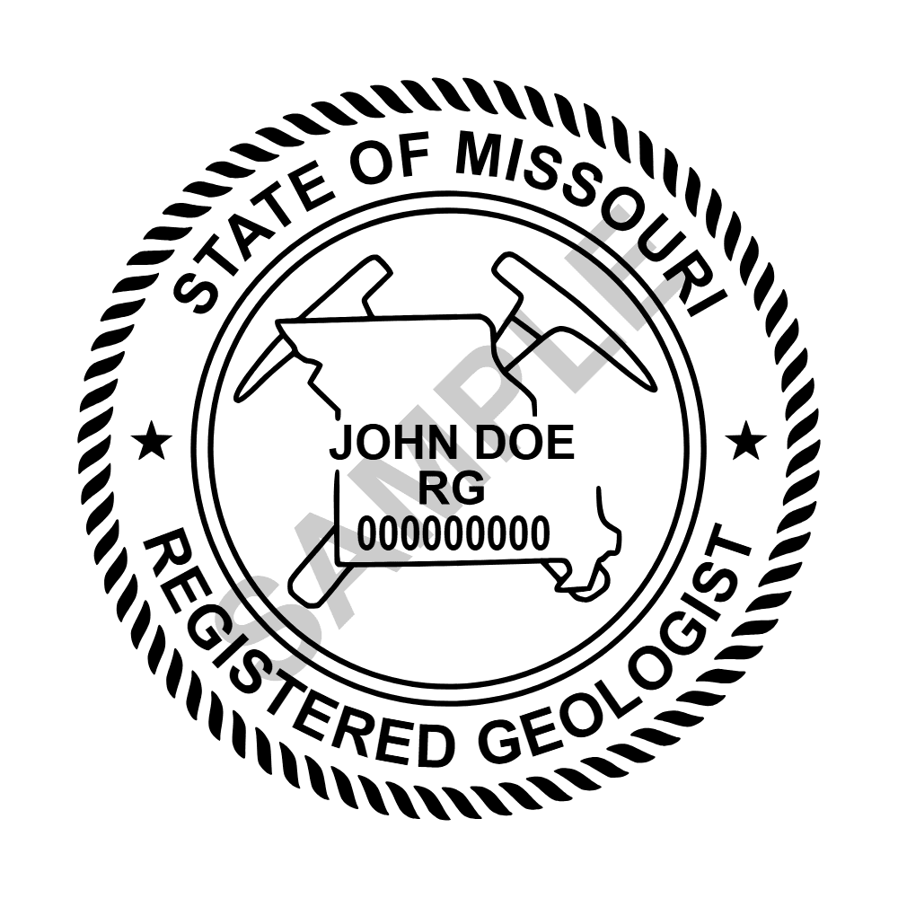 An approved Missouri Geologist seal design, shown as a watermarked example