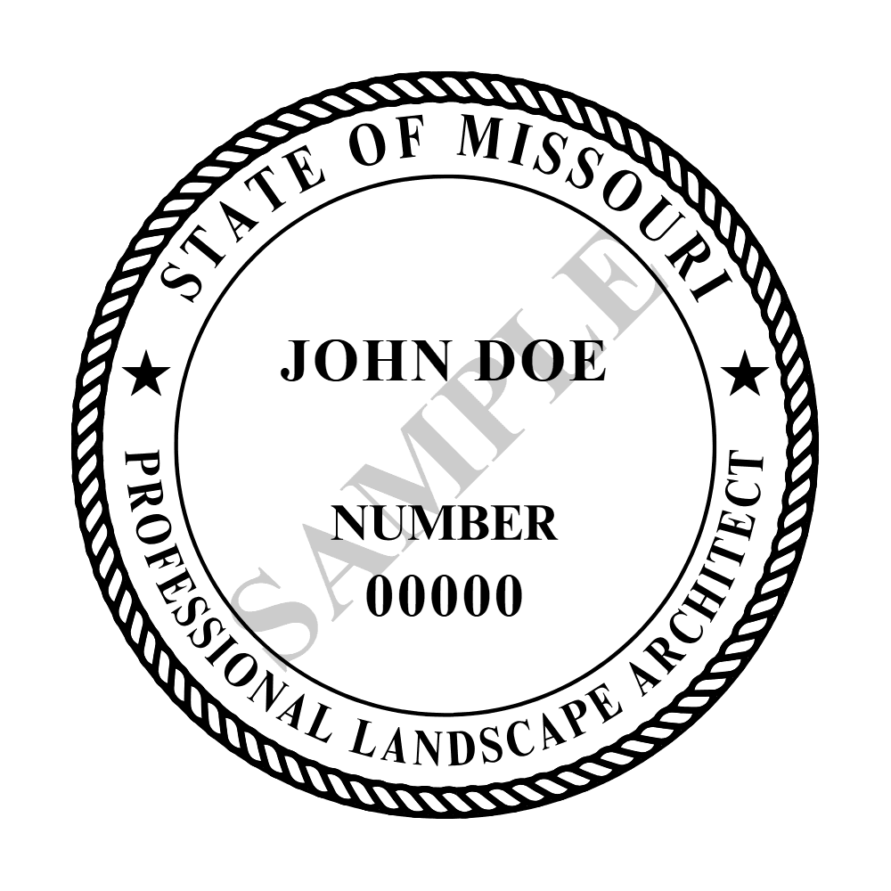 An approved Missouri Landscape Architect seal design, shown as a watermarked example