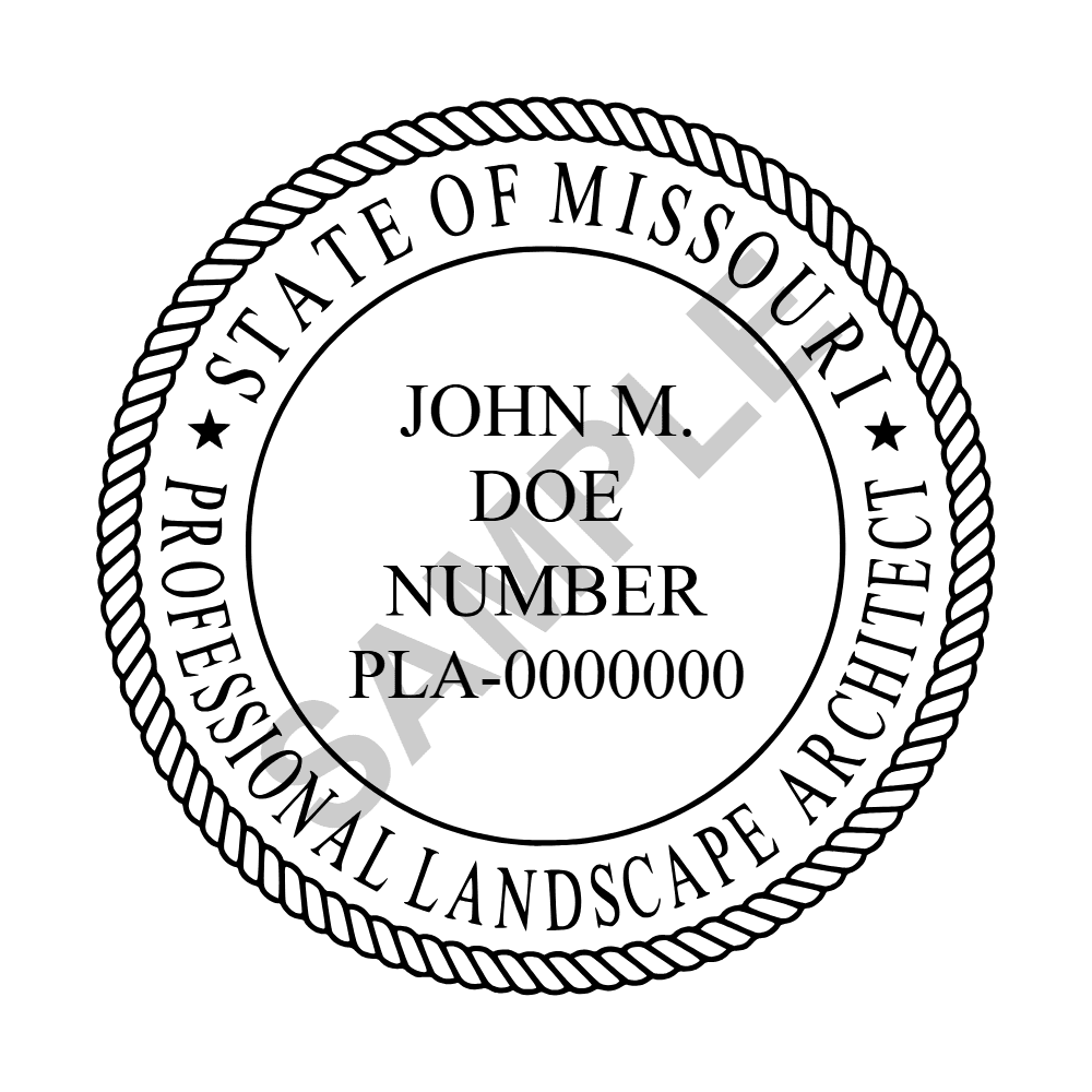 An approved Missouri Landscape Architect seal design, shown as a watermarked example