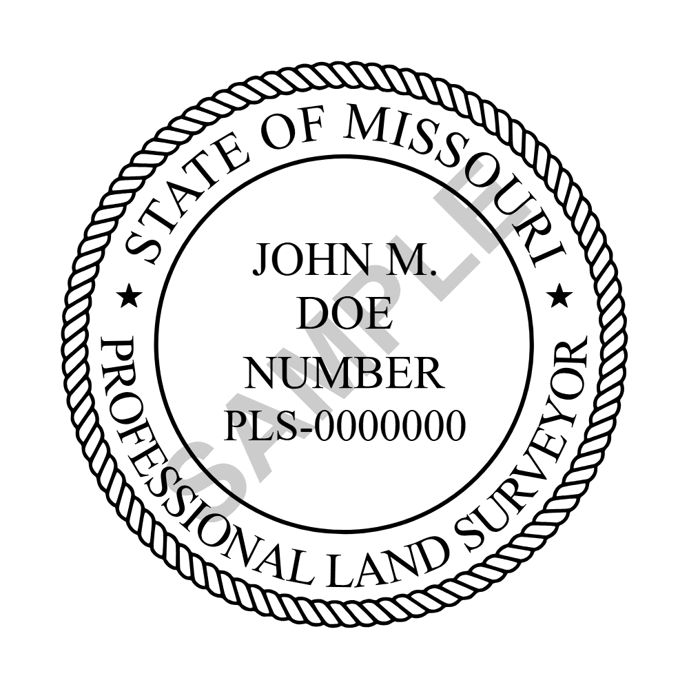 An approved Missouri Land Surveyor seal design, shown as a watermarked example