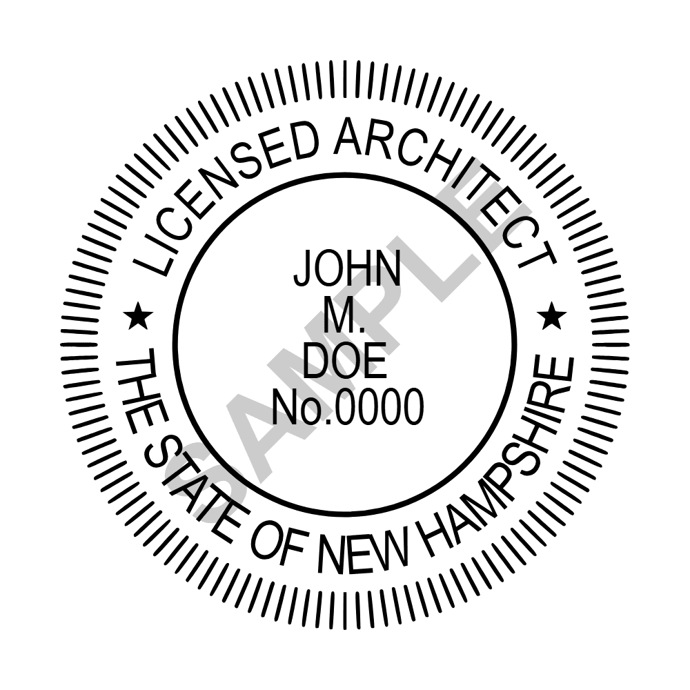 An approved New Hampshire Architect seal design, shown as a watermarked example