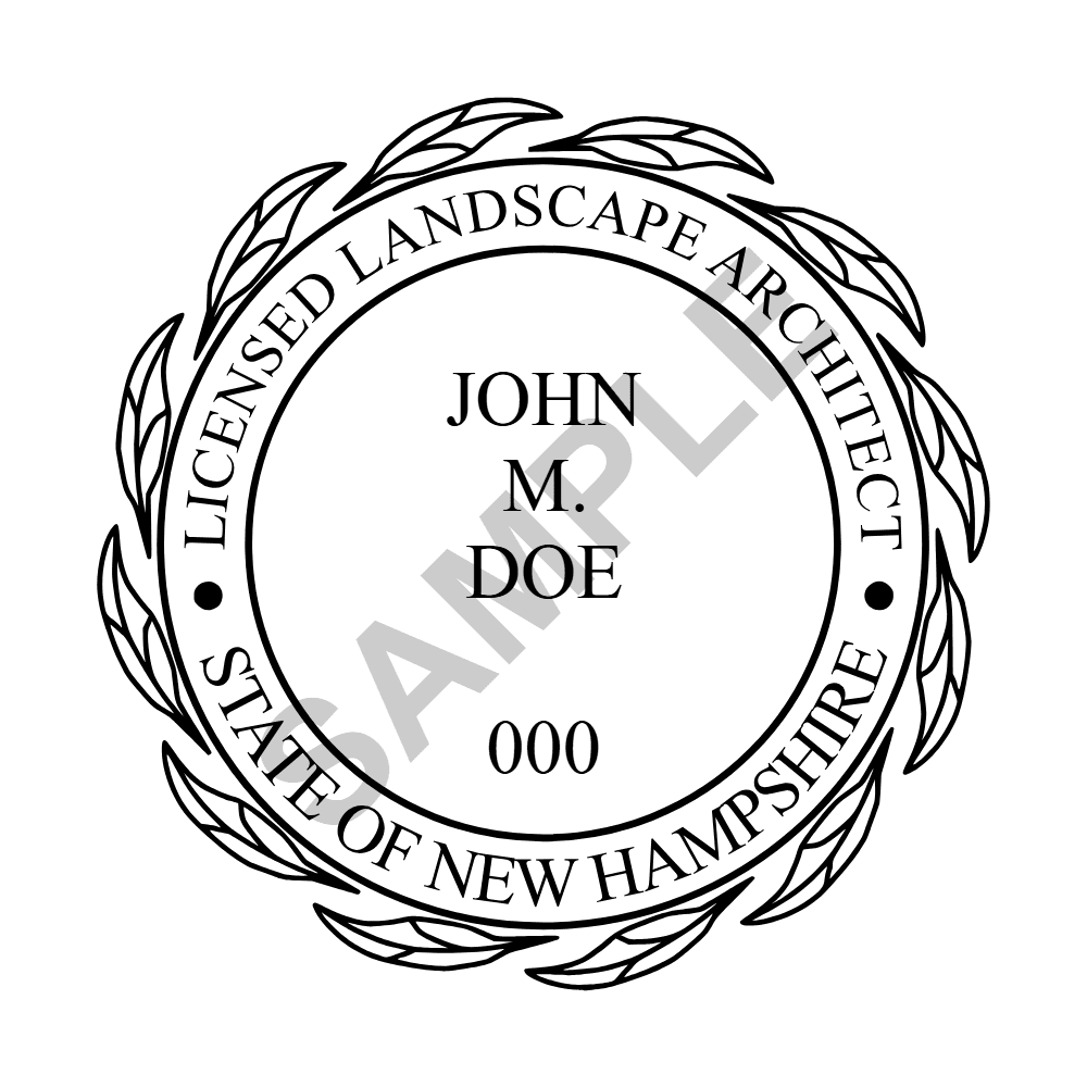 An approved New Hampshire Landscape Architect seal design, shown as a watermarked example