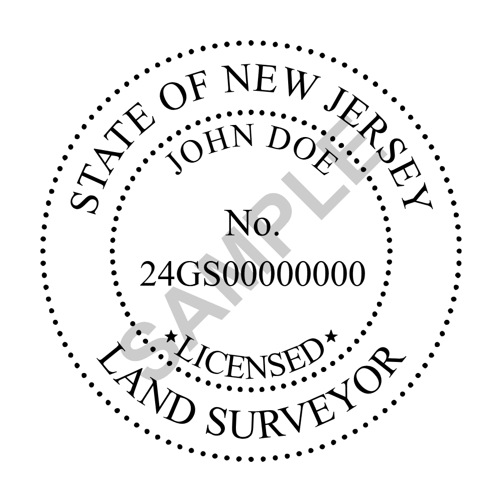An approved New Jersey Land Surveyor seal design, shown as a watermarked example