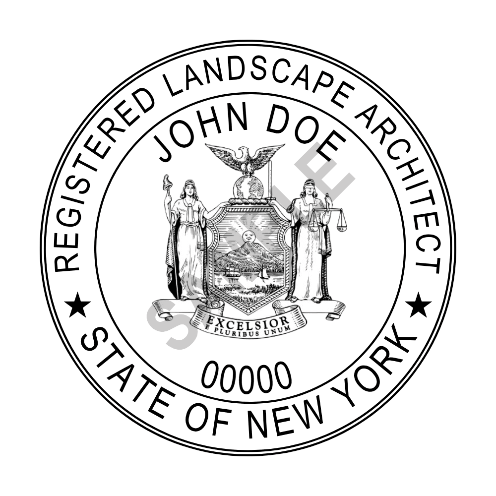 An approved New York Landscape Architect seal design, shown as a watermarked example