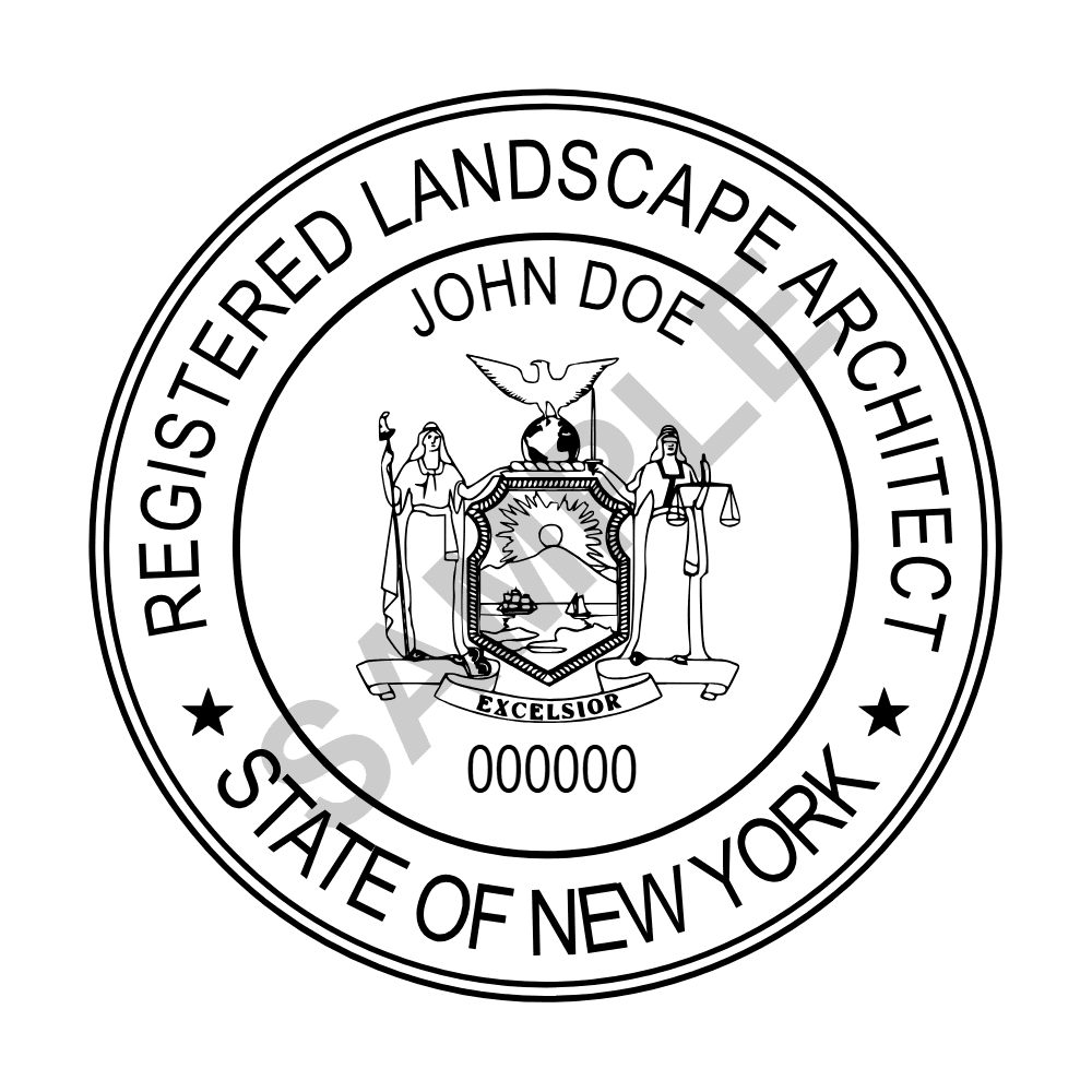 An approved New York Landscape Architect seal design, shown as a watermarked example
