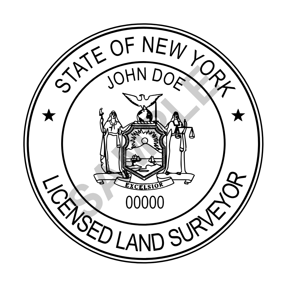 An approved New York Land Surveyor seal design, shown as a watermarked example