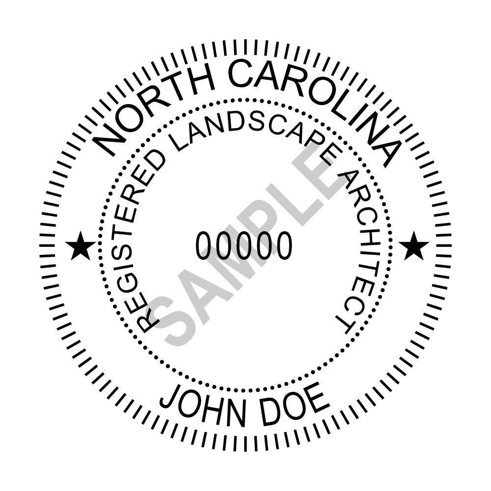 An approved North Carolina Landscape Architect seal design, shown as a watermarked example