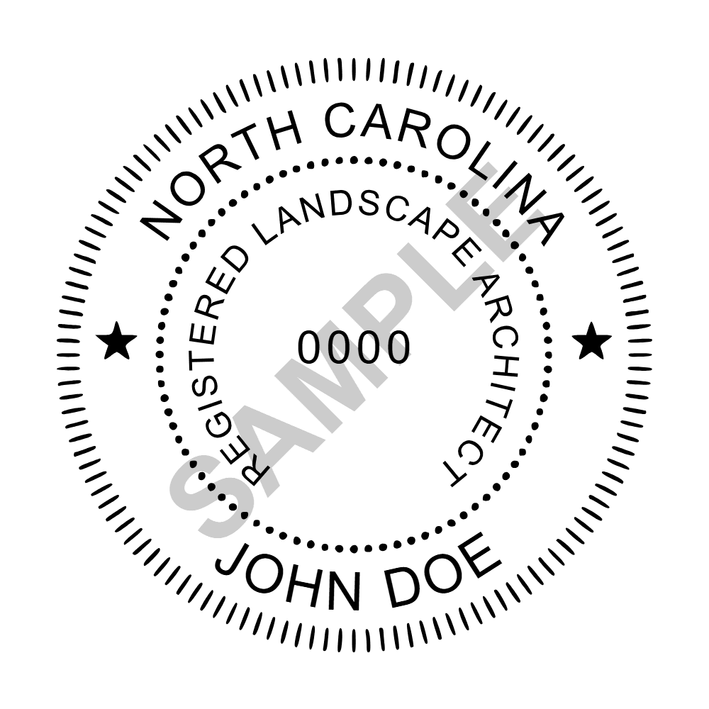 An approved North Carolina Landscape Architect seal design, shown as a watermarked example