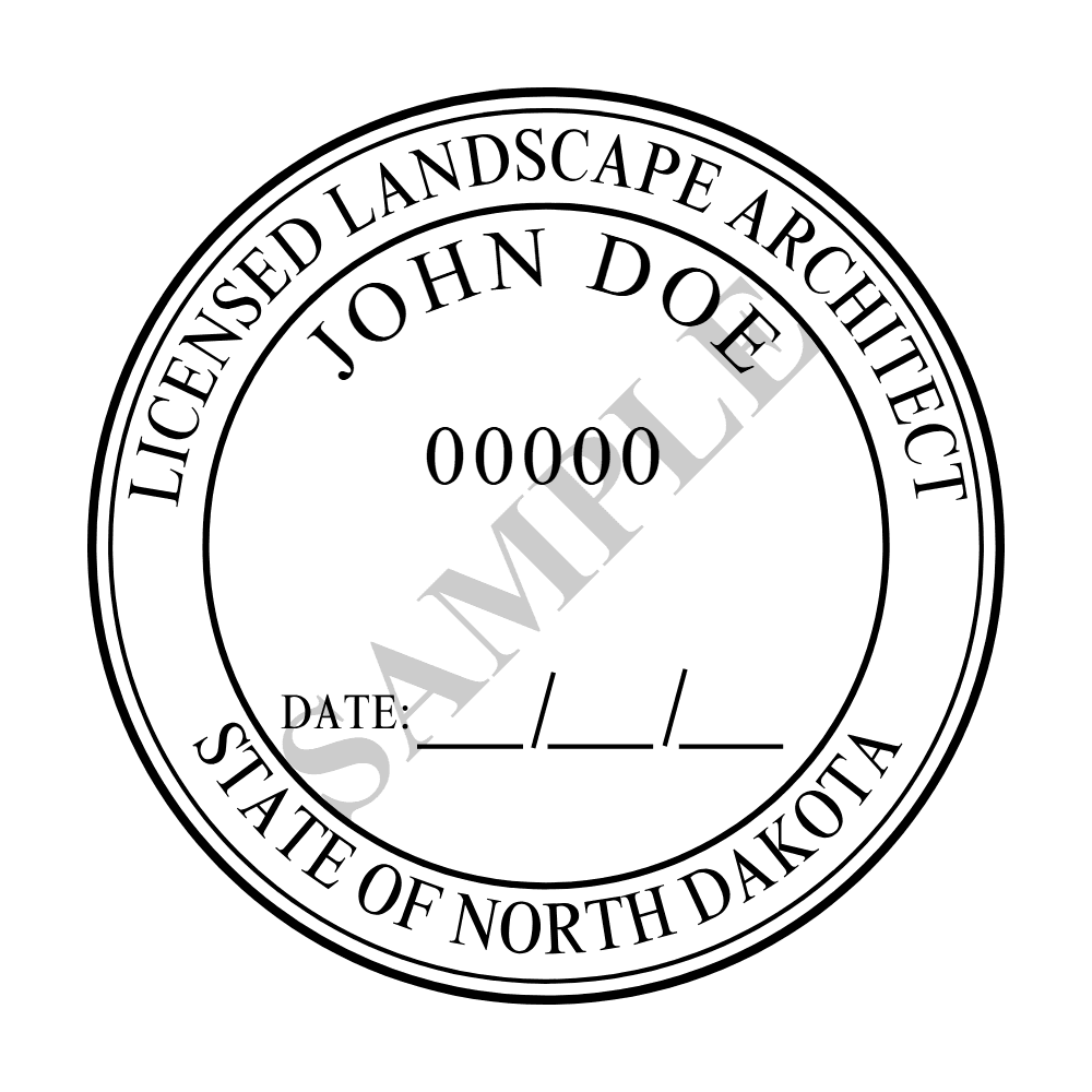 An approved North Dakota Landscape Architect seal design, shown as a watermarked example