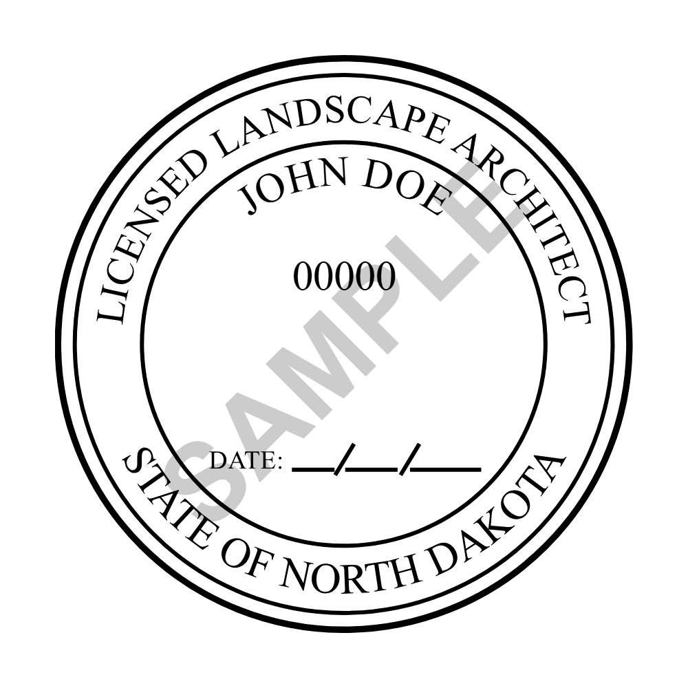 An approved North Dakota Landscape Architect seal design, shown as a watermarked example