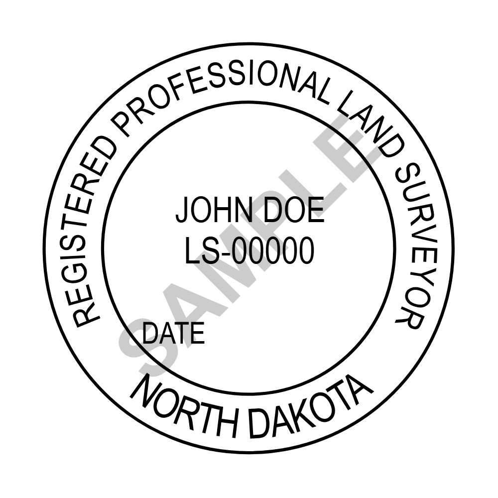 An approved North Dakota Land Surveyor seal design, shown as a watermarked example
