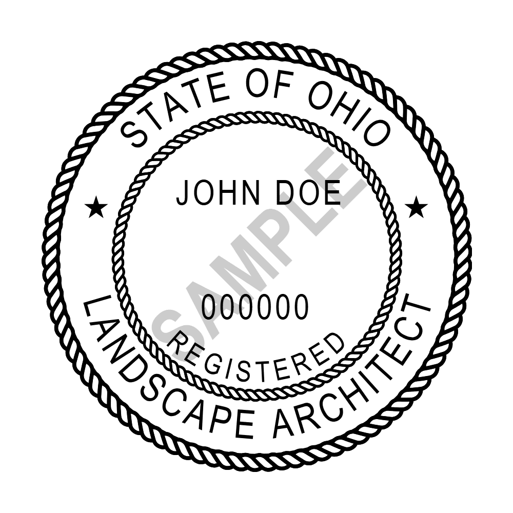 An approved Ohio Landscape Architect seal design, shown as a watermarked example