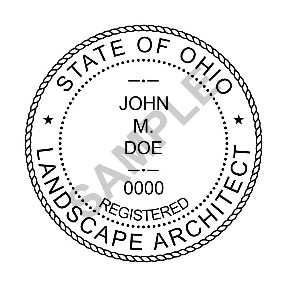 An approved Ohio Landscape Architect seal design, shown as a watermarked example