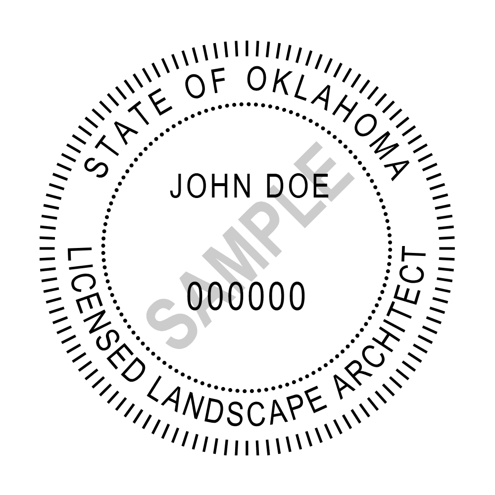 An approved Oklahoma Landscape Architect seal design, shown as a watermarked example