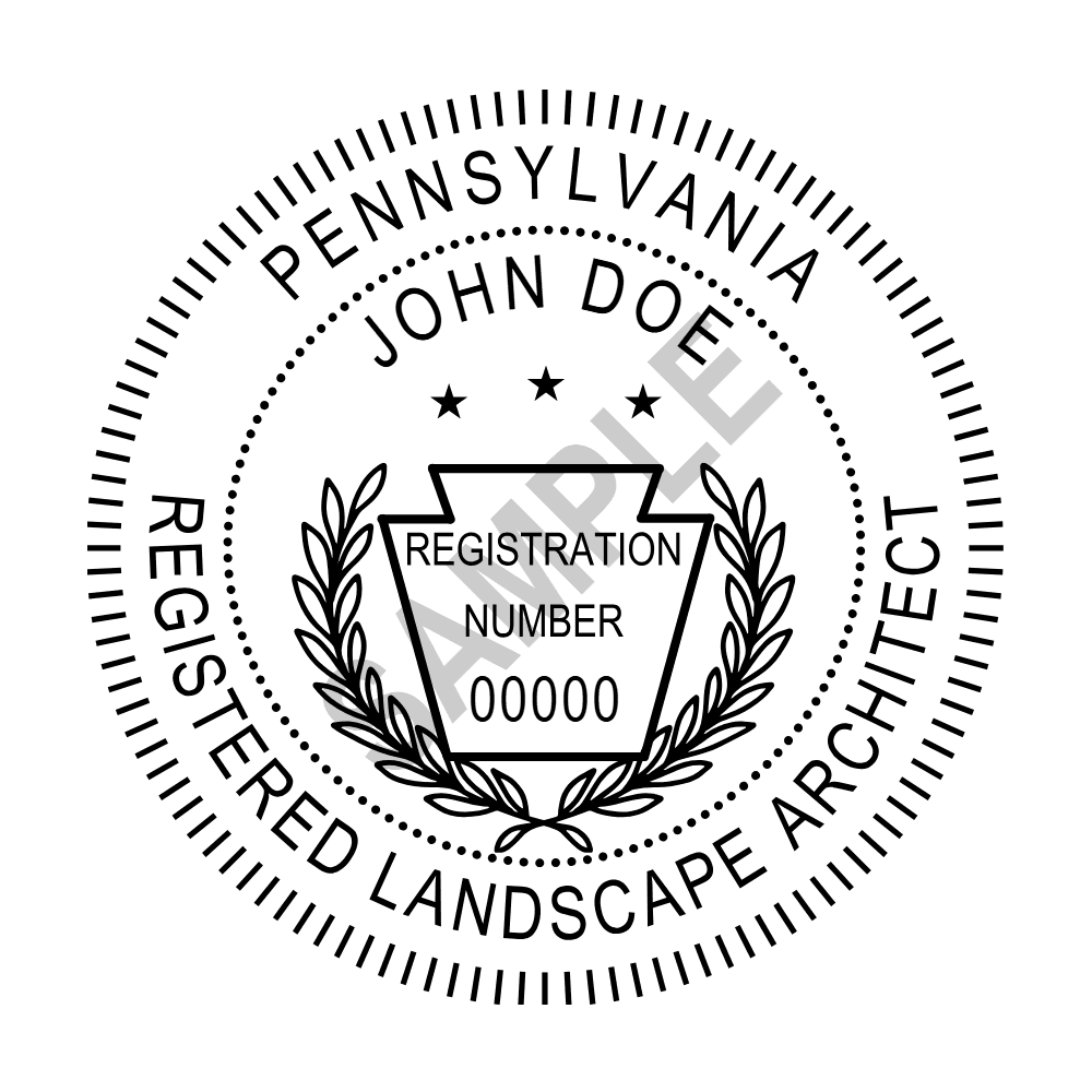 An approved Pennsylvania Landscape Architect seal design, shown as a watermarked example