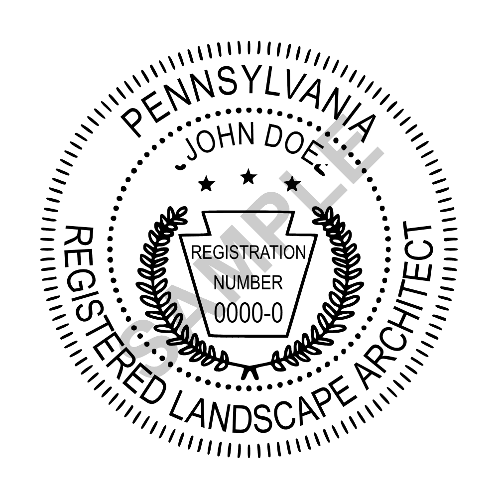 An approved Pennsylvania Landscape Architect seal design, shown as a watermarked example