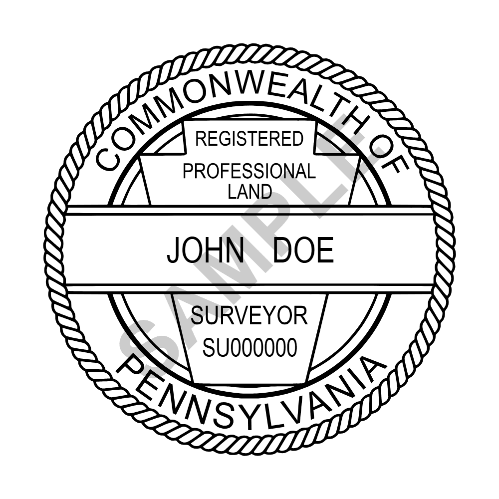 An approved Pennsylvania Land Surveyor seal design, shown as a watermarked example