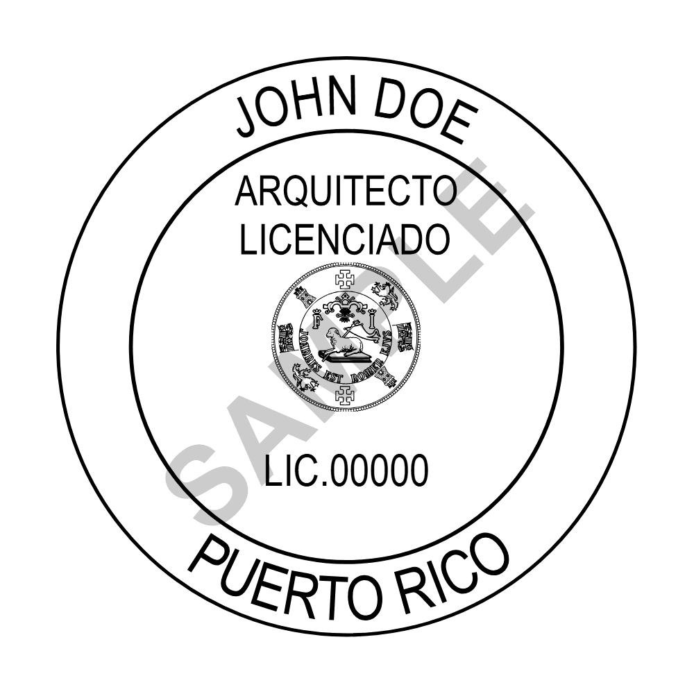 An approved Puerto Rico Architect seal design, shown as a watermarked example