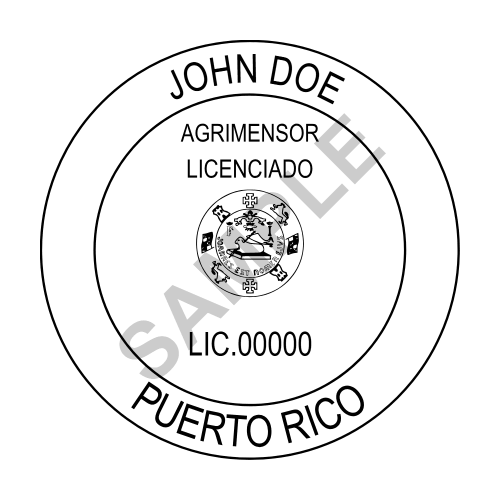 An approved Puerto Rico Land Surveyor seal design, shown as a watermarked example