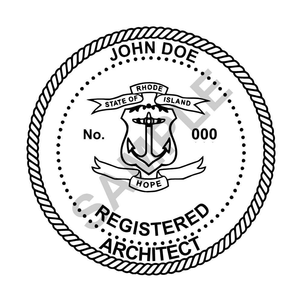 An approved Rhode Island Architect seal design, shown as a watermarked example