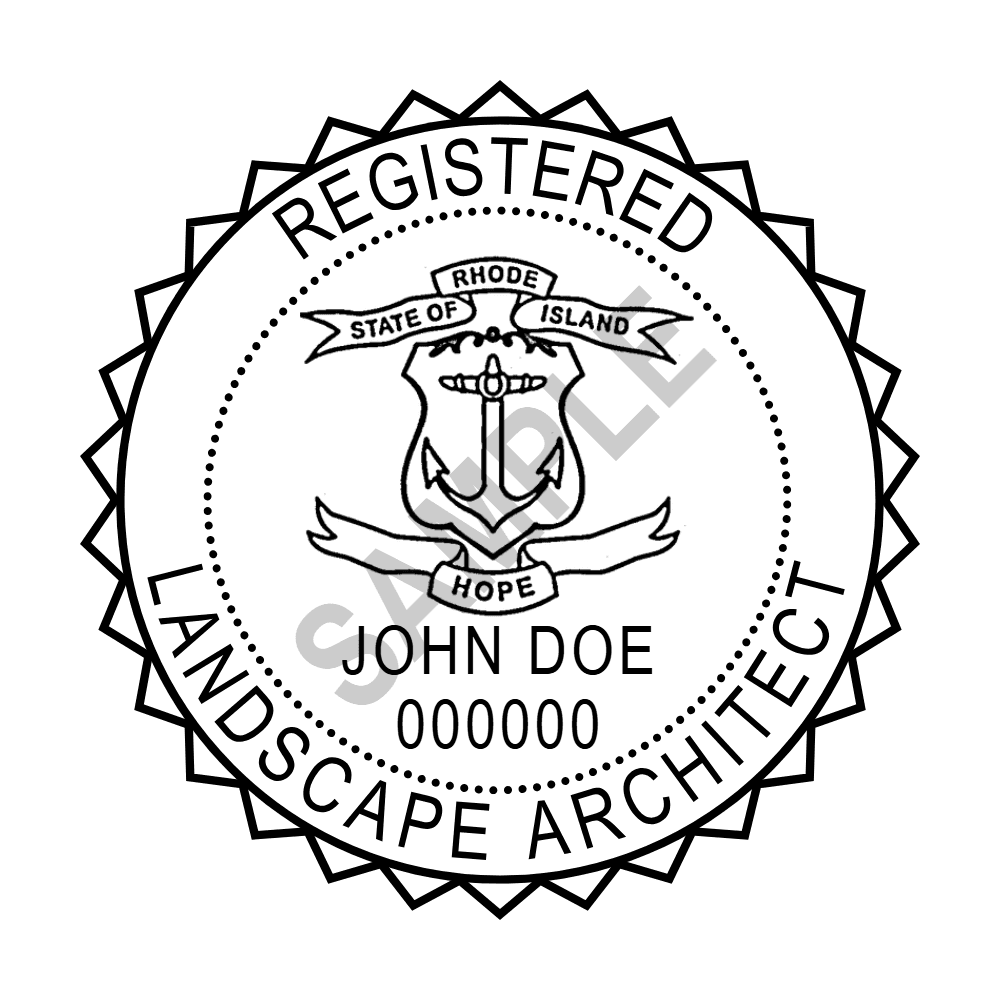 An approved Rhode Island Landscape Architect seal design, shown as a watermarked example