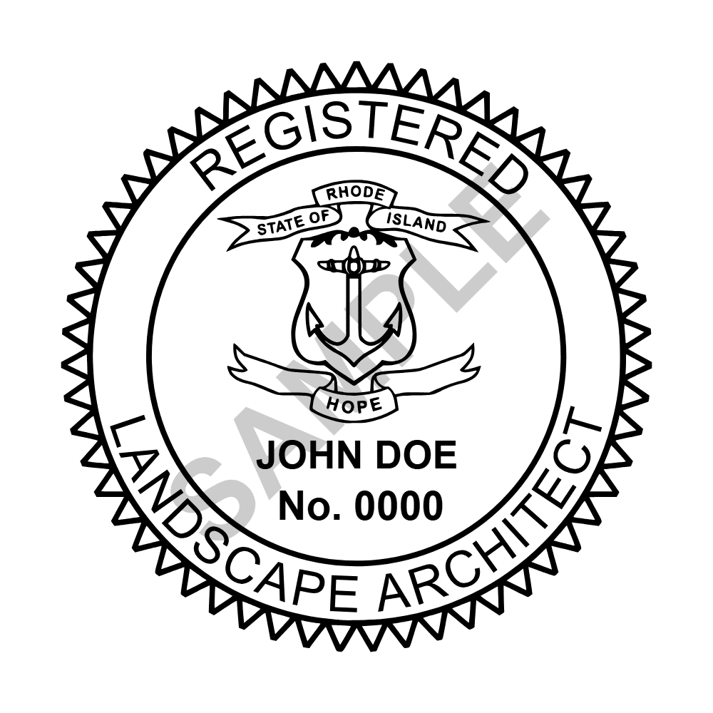 An approved Rhode Island Landscape Architect seal design, shown as a watermarked example