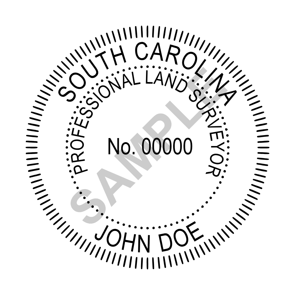 An approved South Carolina Land Surveyor seal design, shown as a watermarked example