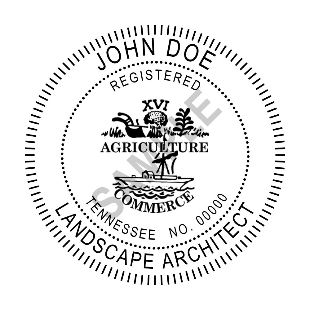 An approved Tennessee Landscape Architect seal design, shown as a watermarked example
