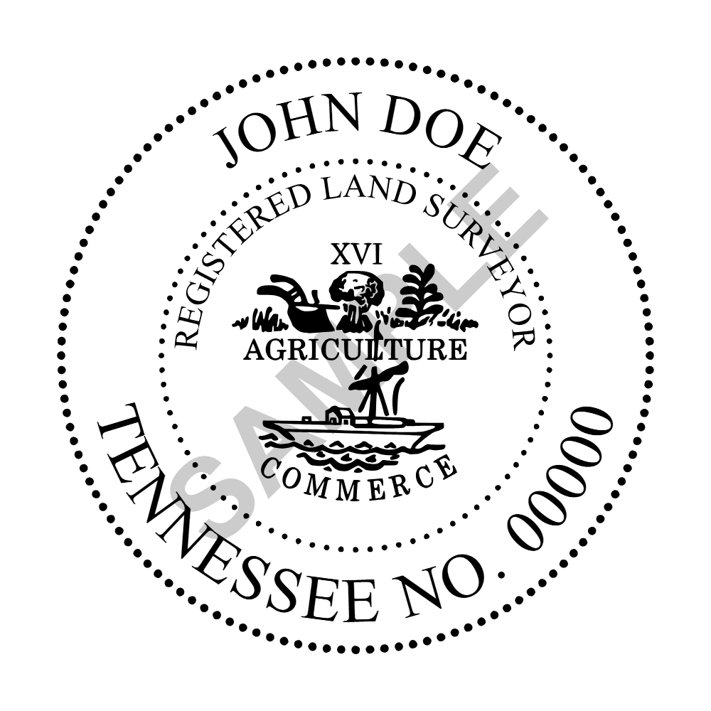 An approved Tennessee Land Surveyor seal design, shown as a watermarked example