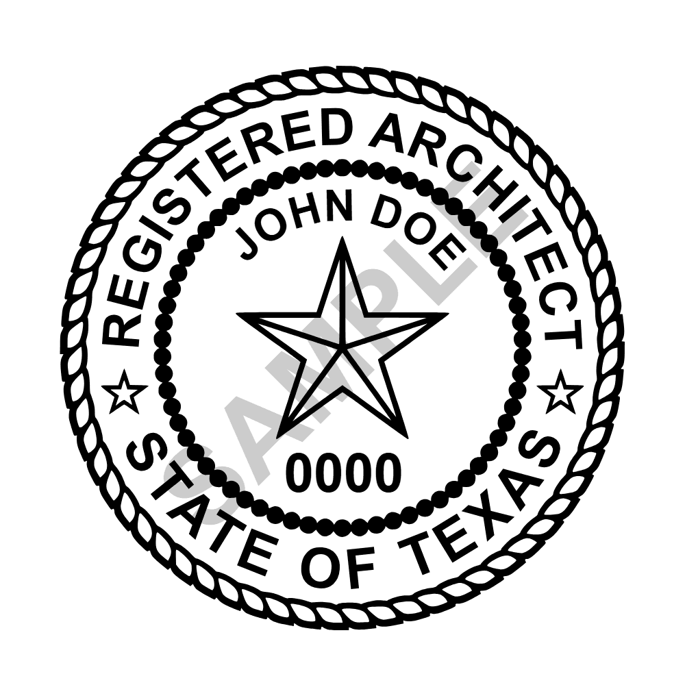 An approved Texas Architect seal design, shown as a watermarked example