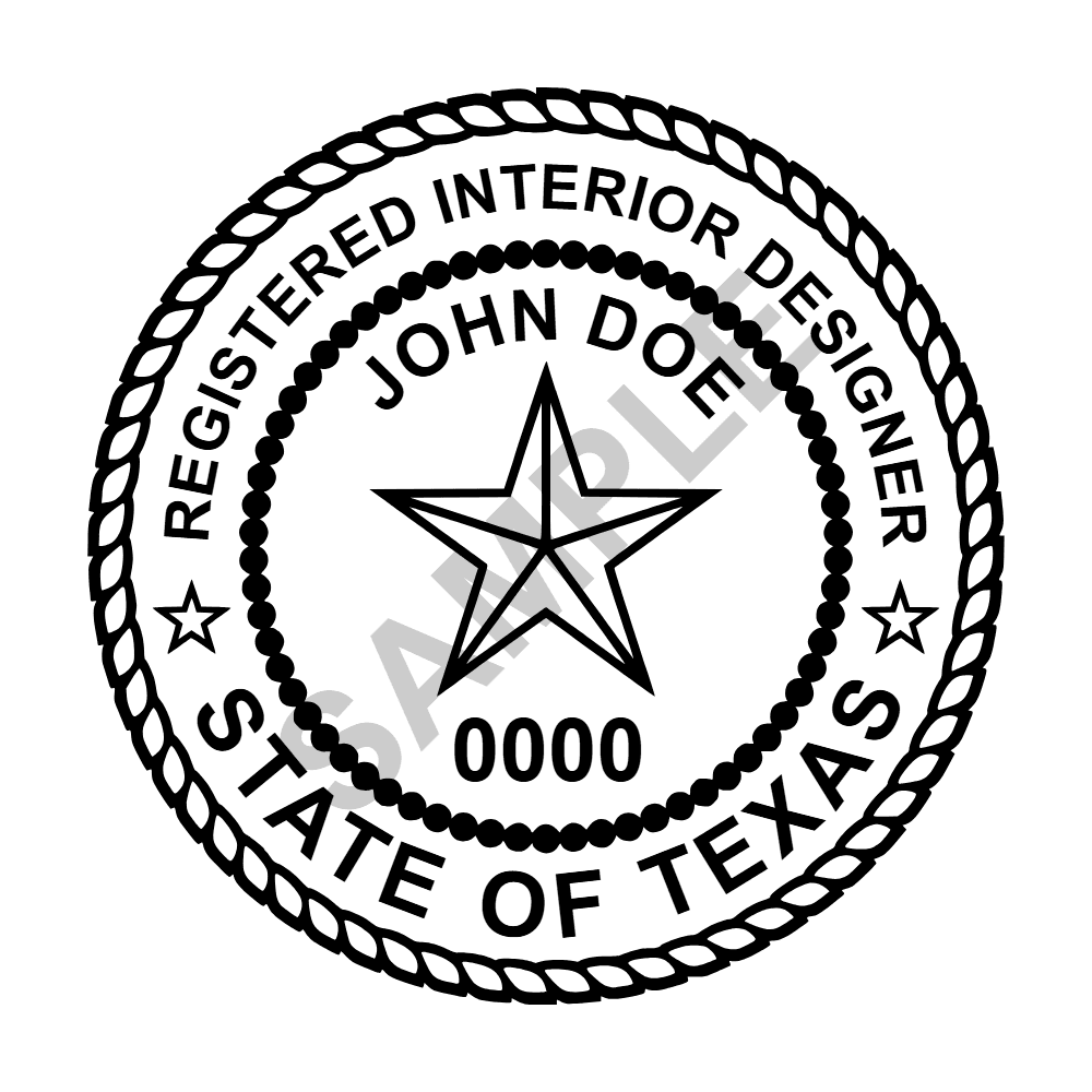 An approved Texas Interior Designer seal design, shown as a watermarked example