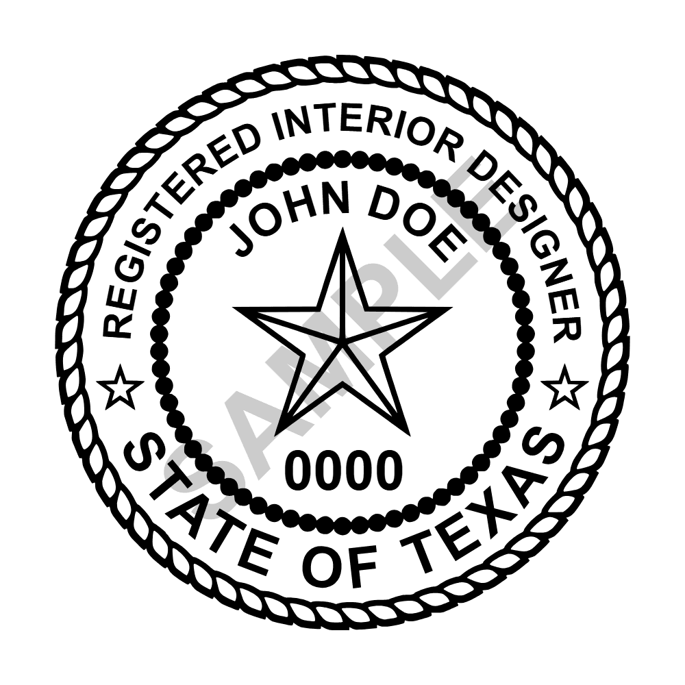 An approved Texas Interior Designer seal design, shown as a watermarked example