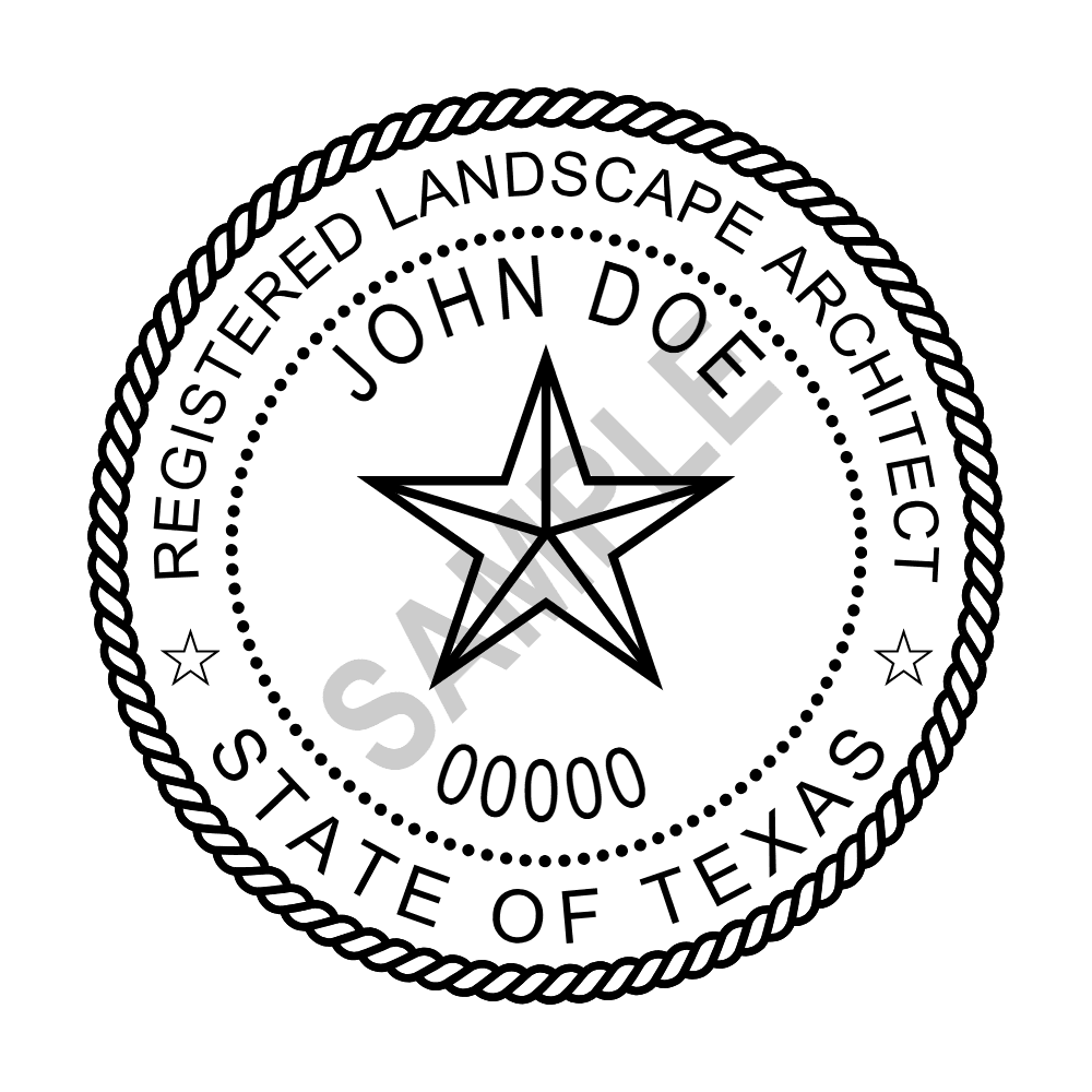 An approved Texas Landscape Architect seal design, shown as a watermarked example