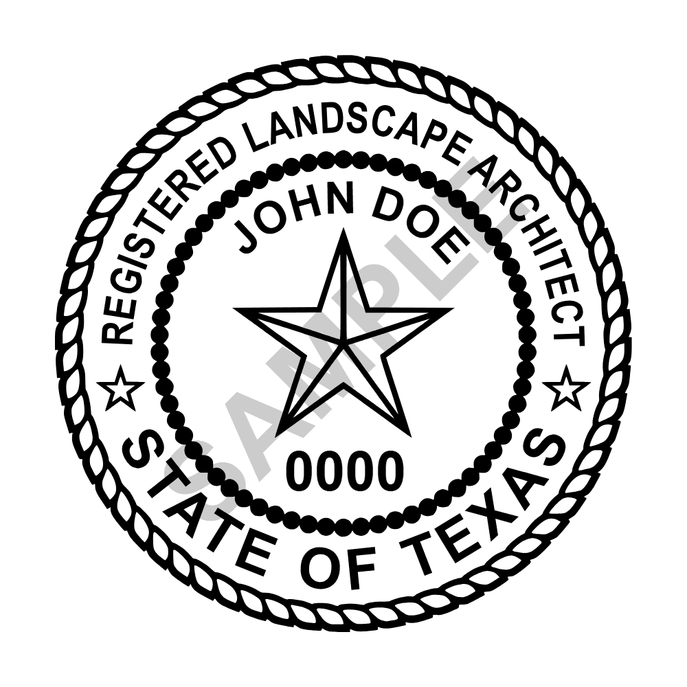 An approved Texas Landscape Architect seal design, shown as a watermarked example